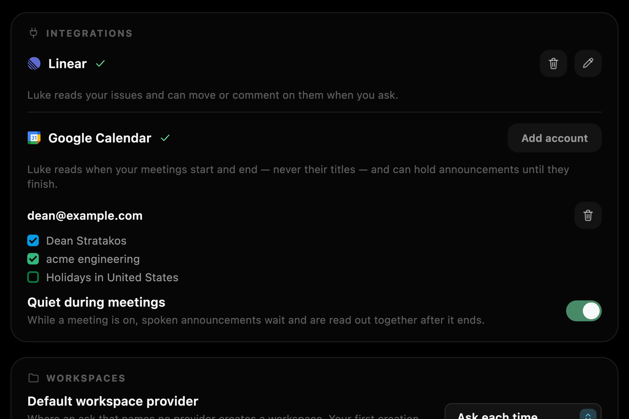 The Google Calendar card in Settings: connected, two calendars chosen, and "Quiet during meetings" on.